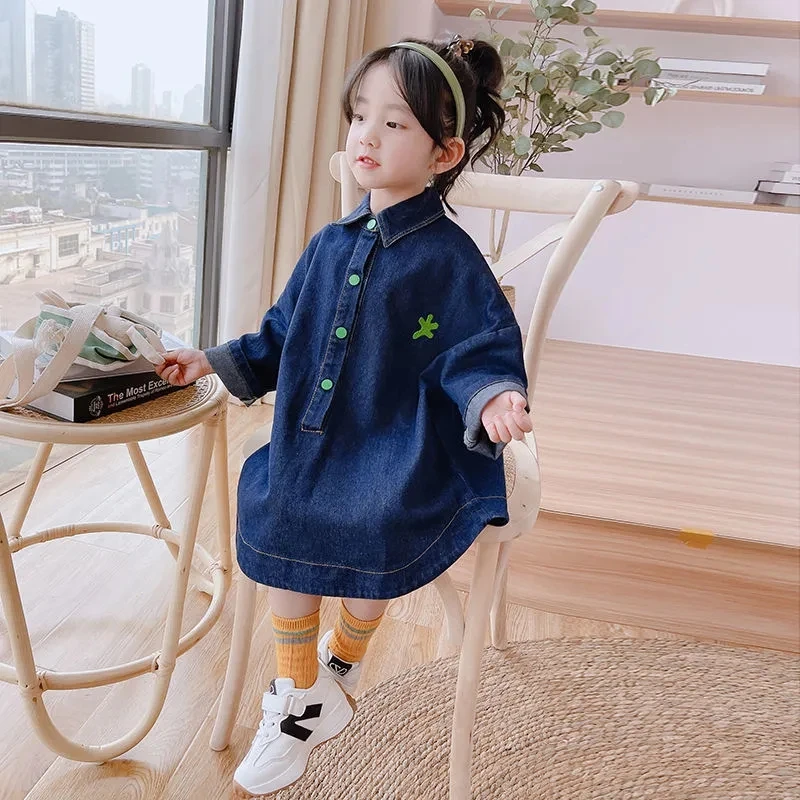 

Jean Long Sleeve Dresses Coat for Girls Lapel Loose Denim Jacket Dress with Button Toddler Big Girls Casual Dress Girl Clothing