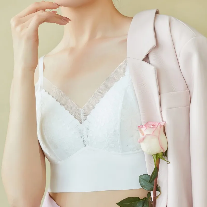 

French Entry Lux Lace Beautiful Back Push up Breast Holding Fixed Cup Underwear Ice Silk Seamless Sweat-Absorbent Breathable Tub