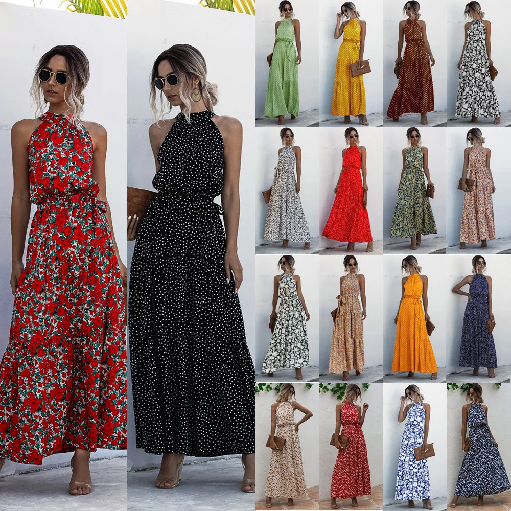 

2022 Women Maxi Dress Sexy Floral Print Off Shoulder Halter Neck Strap Summer Dresses Casual Ruffles Lace Up Beach Boho Sundress