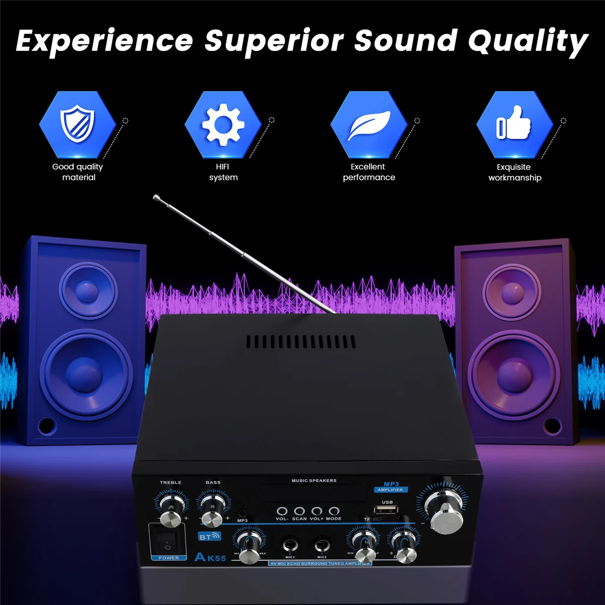 AK55 Аудиоусилитель 2.0 Канальный HIFI Цифровой Bluetooth Усилитель USB EU PLUG
