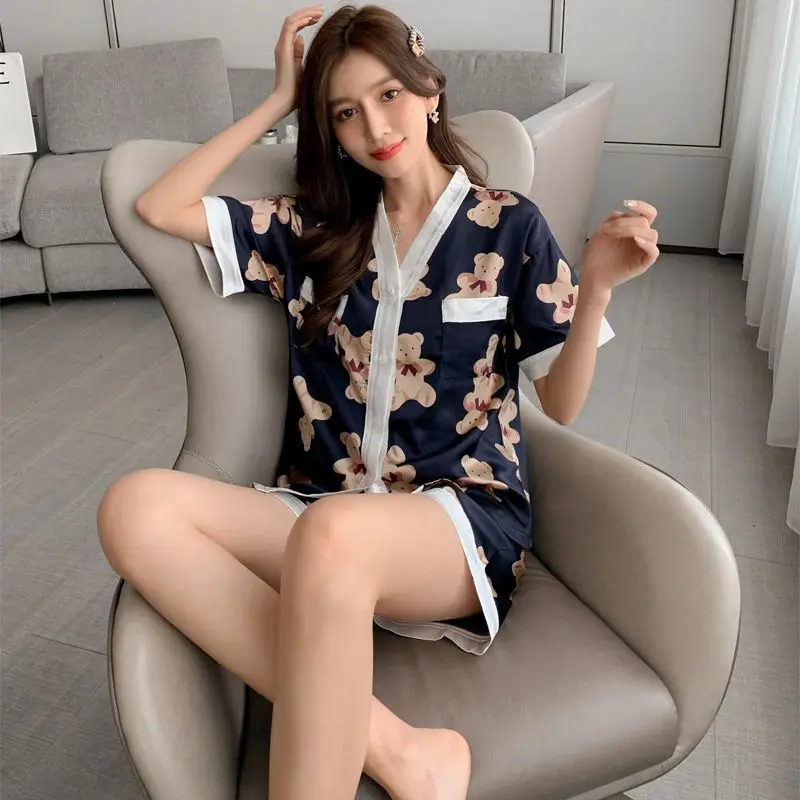Summer Ice Silk Pajamas Women's Thin Short Sleeve Suit New Sexy Artificial Silk Classic Style Homewear Can Be Worn outside