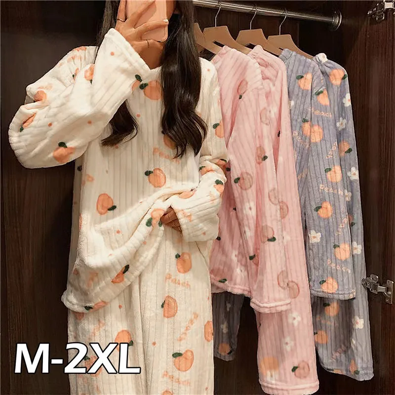 

Women Winter Pajama Set Fleece Pyjamas Sleepwear Homewear Strip Kawaii Print Warm Velvet Female Suit Ladies Pijama Set
