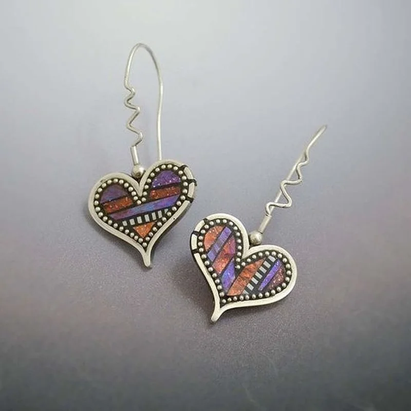 

Vintage Heart Shape Metal Paste Paint Pattern Women's Hook Drop Earrings LOVE Jewelry