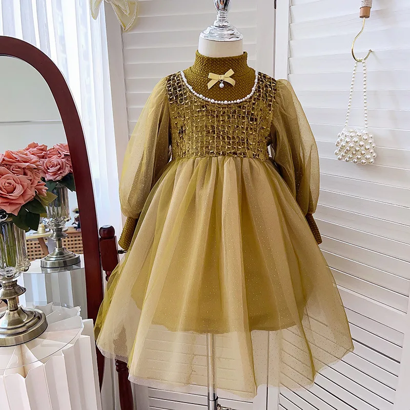 

Girls Little Fragrance Dress Spring and Autumn New Fashion Solid Color Patchwork Long Sleeve Gauze Princess Dress Kids Dress