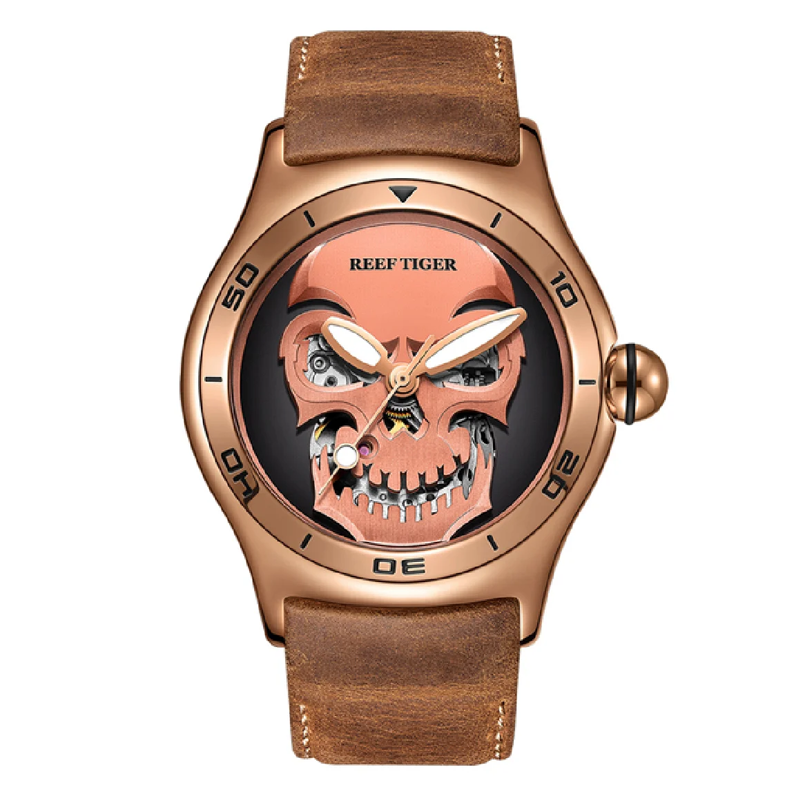 

Reef Tiger Mens Automatic Watches Top Luxury Brand Mechanical Wristwatch Fashion Bubble Sapphire Skeleton Skull Dial RGA70S7