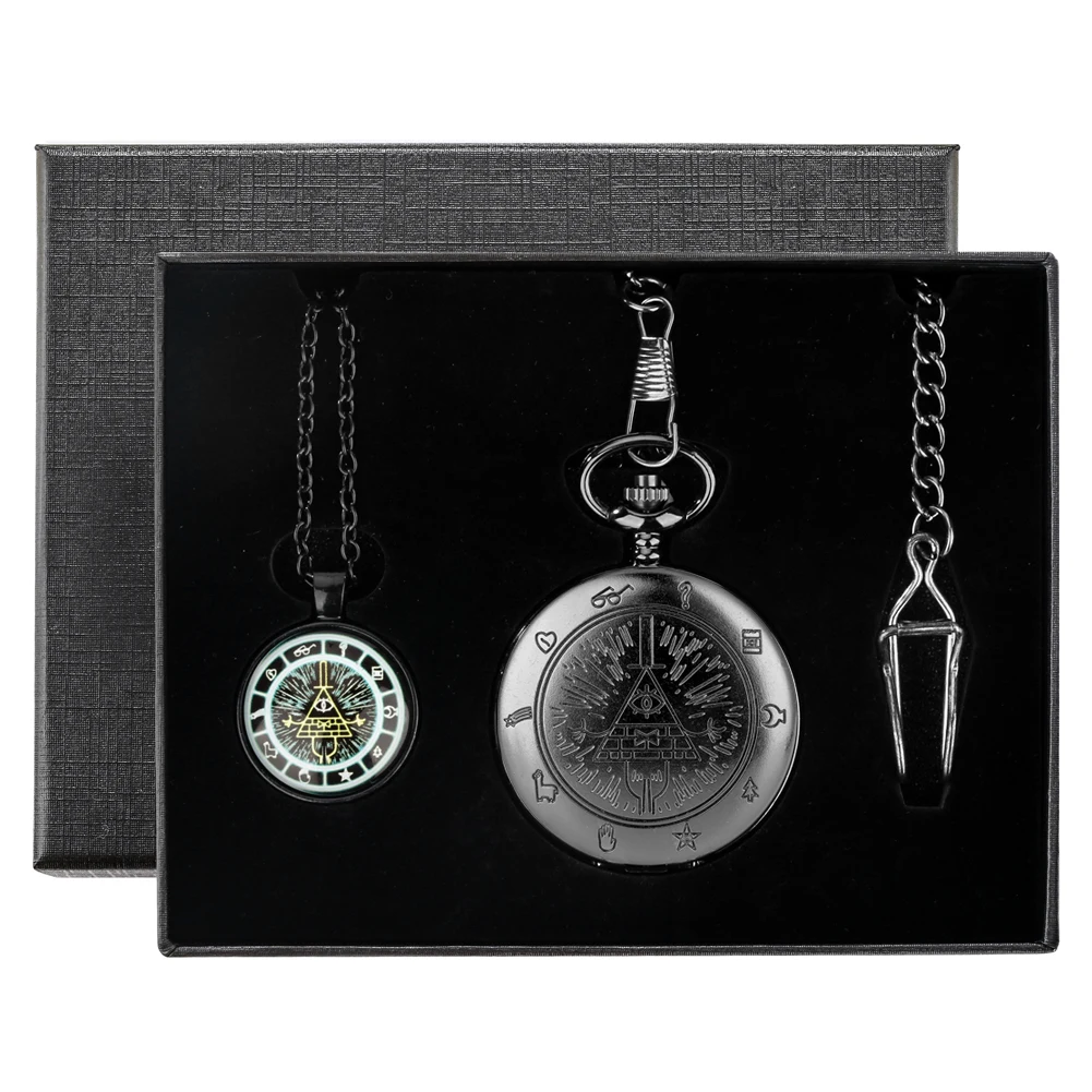 Pocket Watch Sets Weird Town Triangle One-eyed Devil Cover Quartz Fob Chain Pocket Clock Collected Necklace Pendant Gift Set