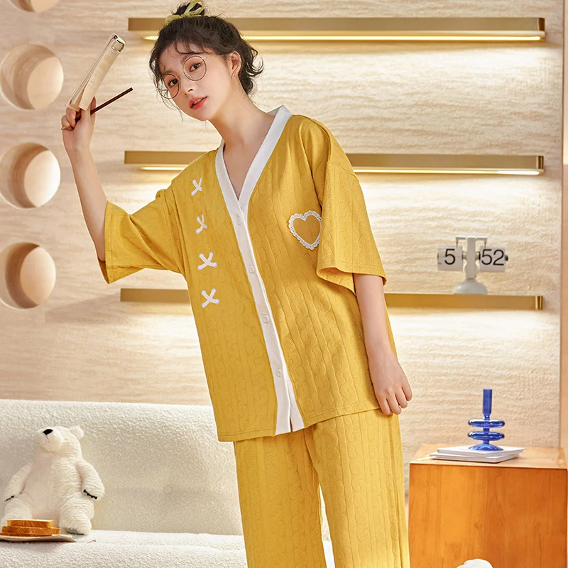 

Spring and summer knitting cotton jacquard cardigan V-neck short sleeved capris women's pajamas casual sweet lovely home clothes