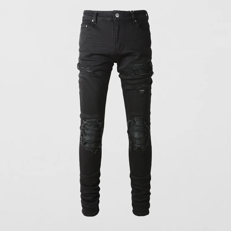 Street Fashion Men Jeans Black Color Elastic Slim Fit Ripped Jeans Men Patch Designer Brand Hip Hop Stretch Denim Pants Hombre
