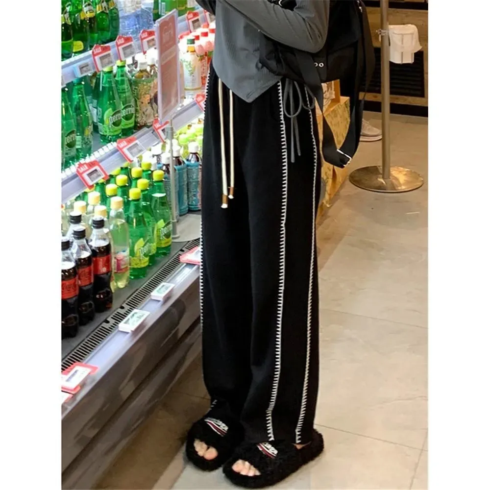

Casual Pants Women Patchwork High Waist Wide Leg Retro Cozy Hip Hop All-Match Korean Style Spring New Arrival College Young Ins