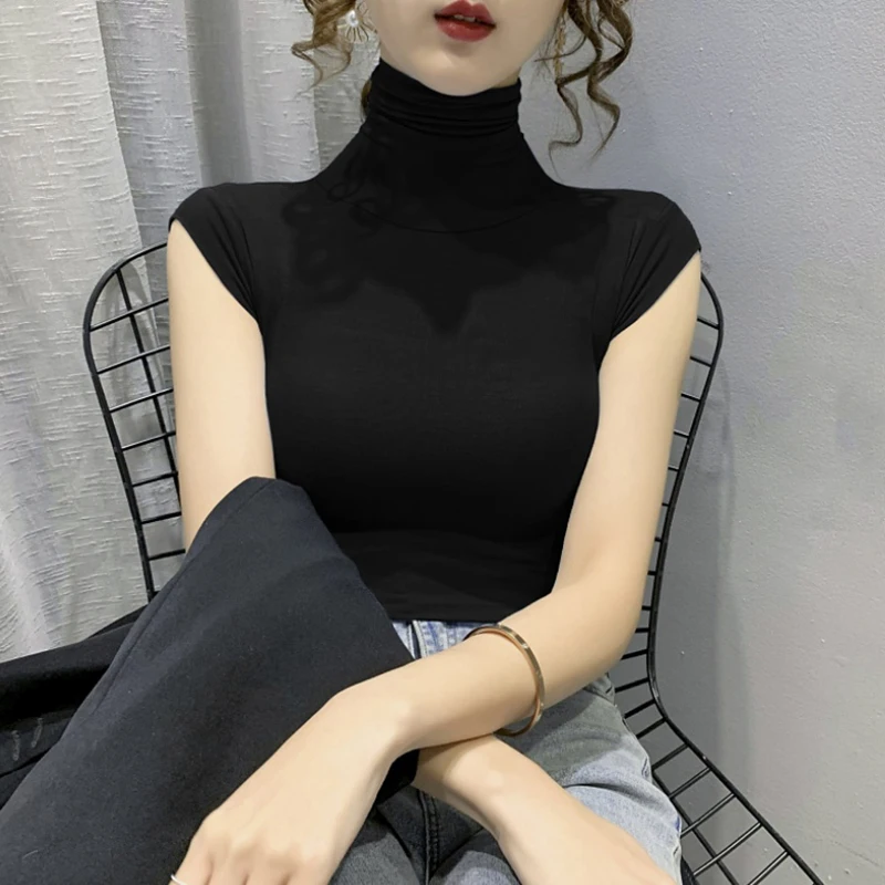 Футболка женская Базовая облегающая однотонная тонкая эластичная водолазка без