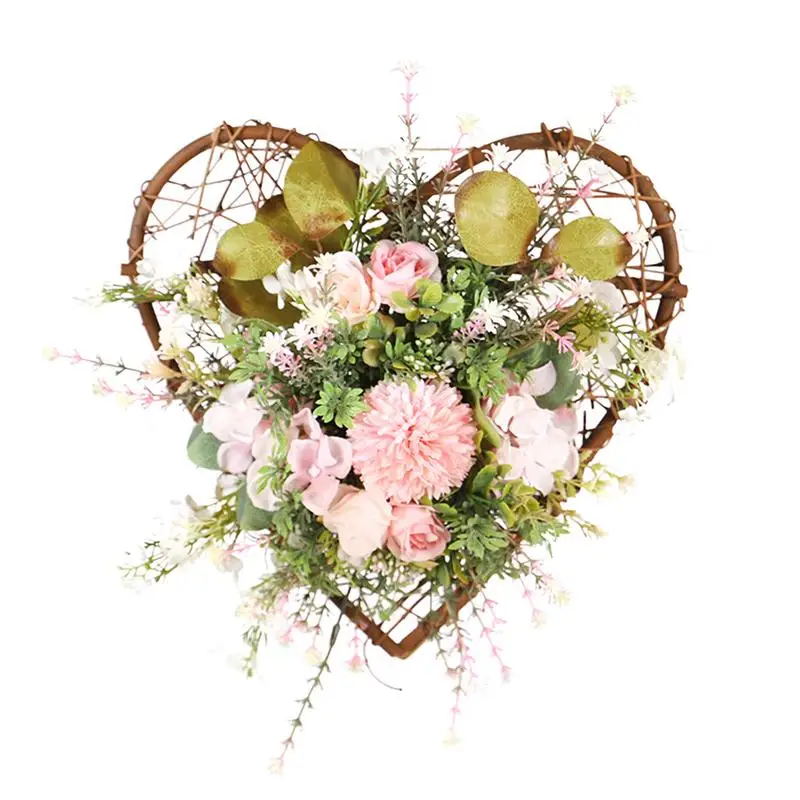 

Spring Front Door Wreath Door Decorations With Artificial Flowers Silk Wreaths In Heart Shape With Chrysanthemum And Rattan Wall