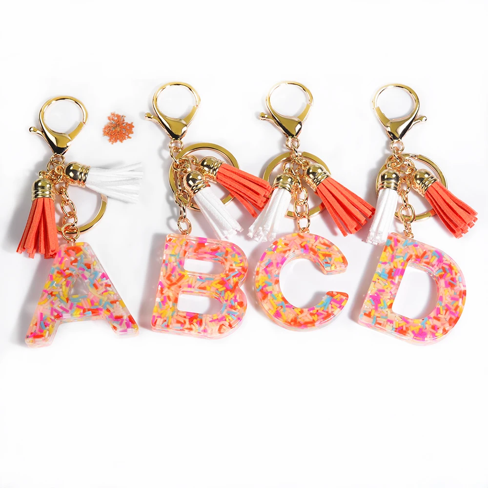 

Брелок с двойными кисточками, модный брелок с 26 инициалами и надписью для девушек, с блестками и градиентом из смолы, аксессуары алфавитом
