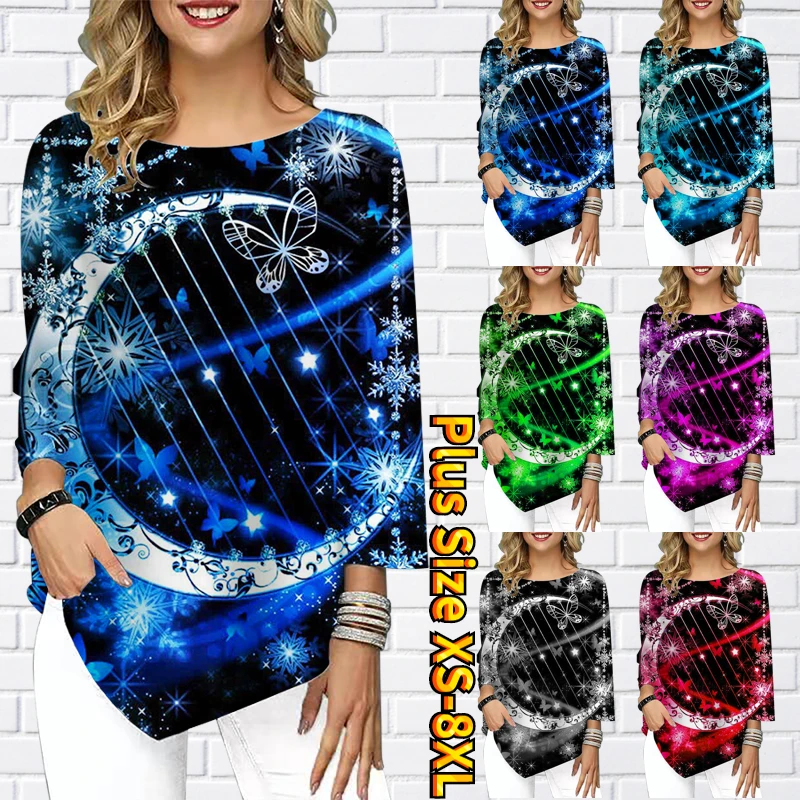 

Summer Women's Butterfly Printed T-Shirt Round Collar Three Quarter Sleeve Loose Size Pullover Female Everyday Street Clothing