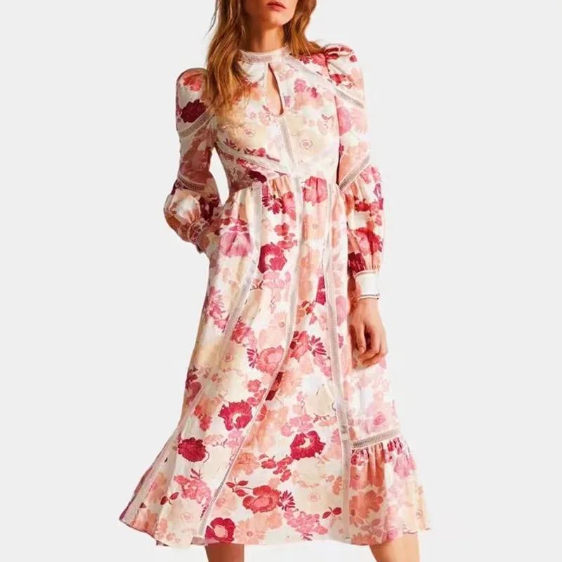 

New Maxi Dress Strap Stitching Pink Printed Long Dress 2022 Summer Fashion Stand-up Collar Puff Sleeve Hollow Female Long Dress