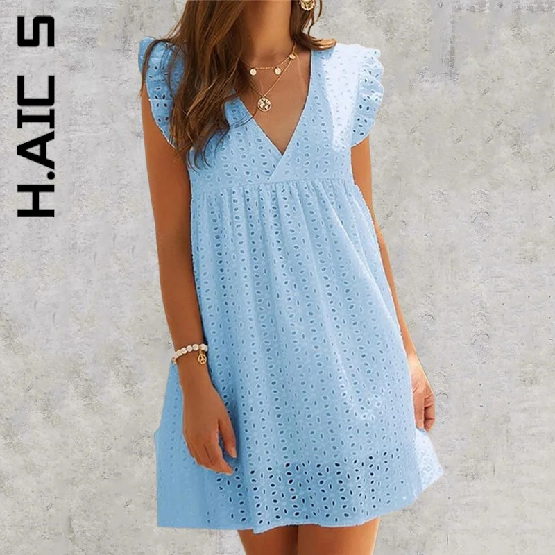 

H.Aic S Women New Dress Hollow Out V Neck Lace Short Ruffle Sleeve A Line Loose dress Club Dresses Woman Vestidos Female
