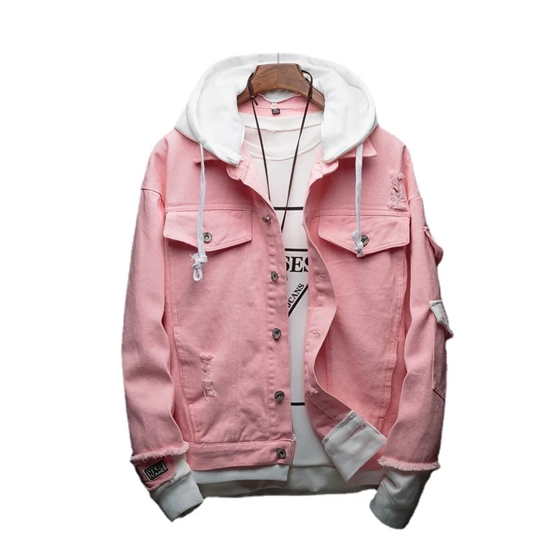 

Men's Hooded Denim Autumn Jacket, Pink Denim Jacket, High Quality, Cotton Hole, Fashion Denim Jacket, 3xl