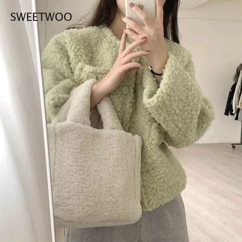 O-Neck Button Short Fake Fur Jacket Long Sleeve Casual Retro Coat Winter New South Korean Ins Single Breasted Fresh Simple Short