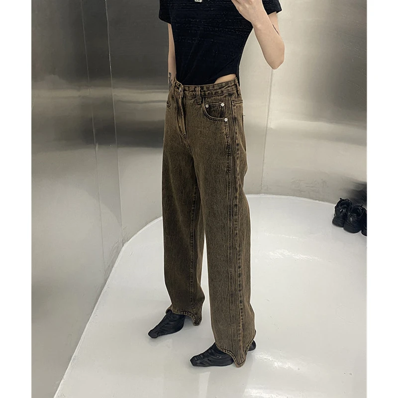 Womans Jeans Brown Summer High Waist Denim Trouser Baggy Streetwear Arc Design Ladies Vintage Wide Leg Straight Loose Jean Pants