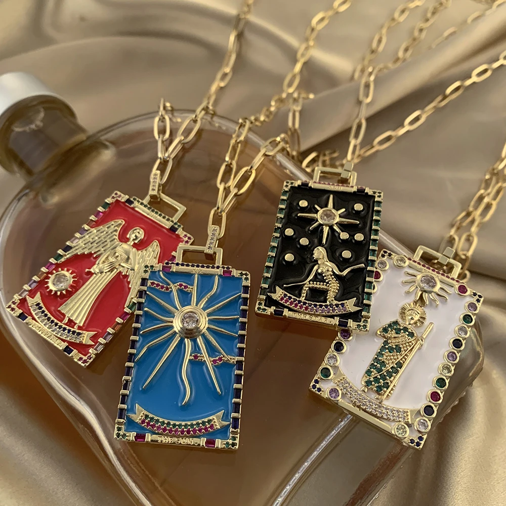

Vintage Colorful Crystal Tarot Cards Necklaces For Women Man Boho Gold Painting Sun Pendant Necklace Creative Jewelry Gifts