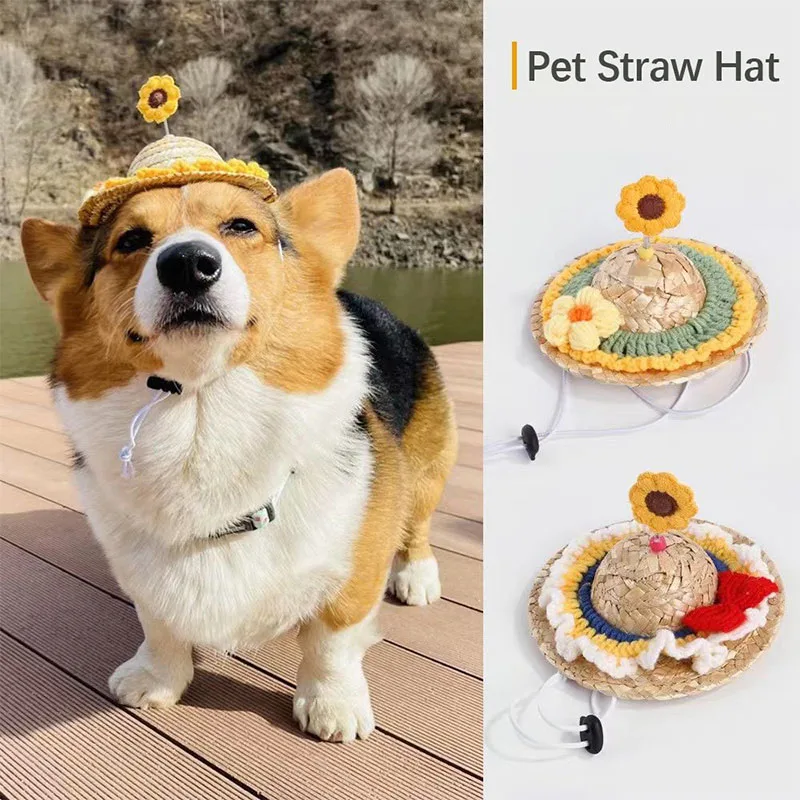 

Dog Cap Hawaii Style Puppies Straw Hat Cat Sombrero Dogs Knitted Headdress Sunhat Kitten Sun Hat Photography Props Pets Supplies