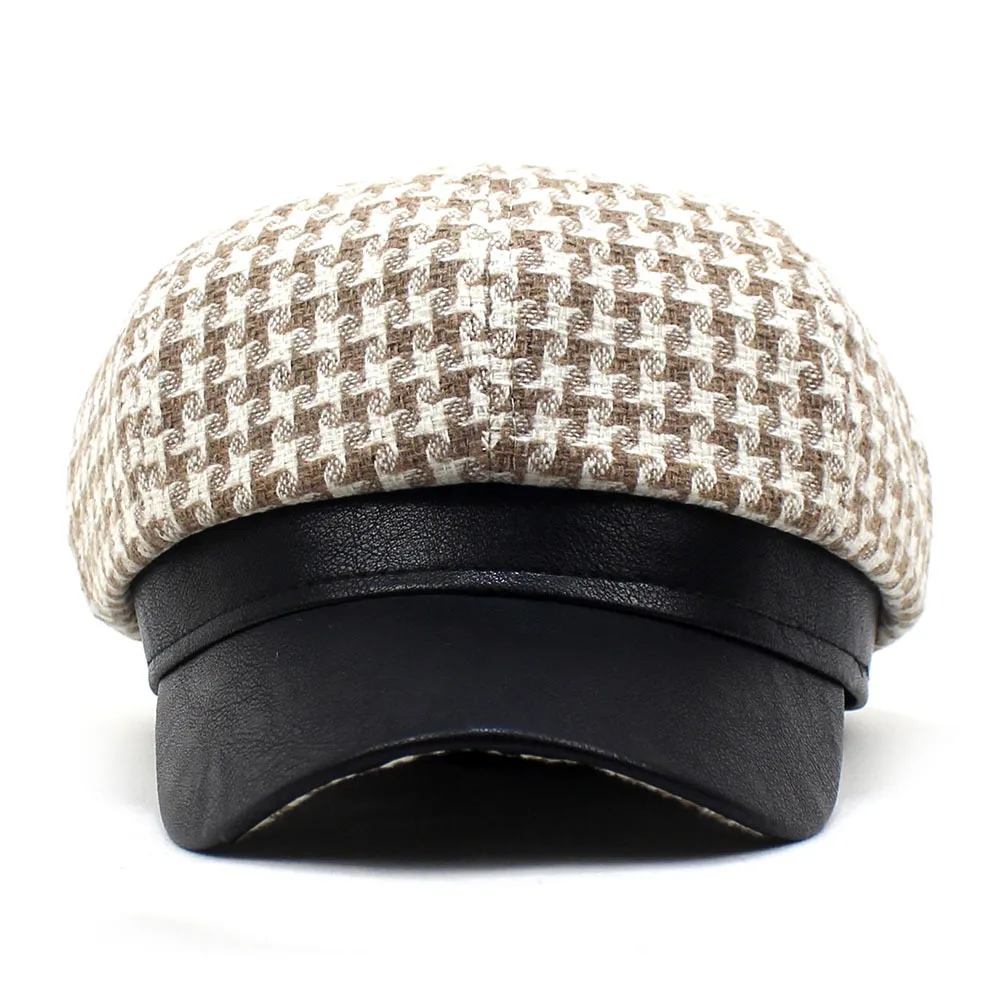 

Fashion Octagonal Hats for Women Dome Short Brim Houndstooth Vintage Newsboy Cap Leather Brim Female's Peaked Cap