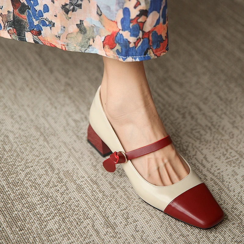 33-40 large size women's shoes with square toe cowhide stitching medium heel thick heel thin strap buckle women's shoes