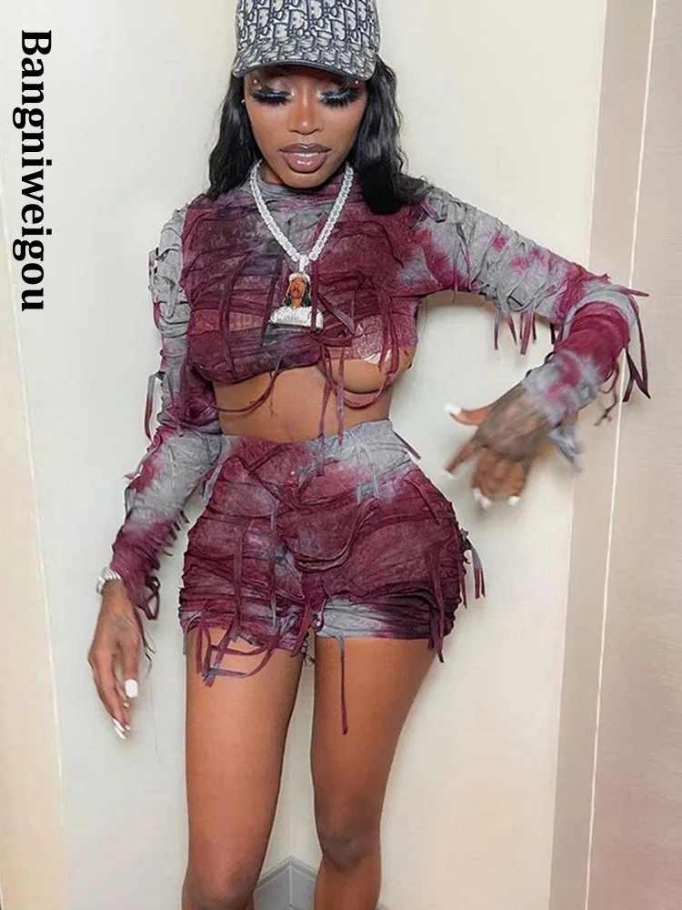 

Модный Топ с длинным рукавом и обтягивающие шорты Bangniweigou, женская уличная одежда Y2k, уникальные комплекты из двух частей с завязками и кисто...