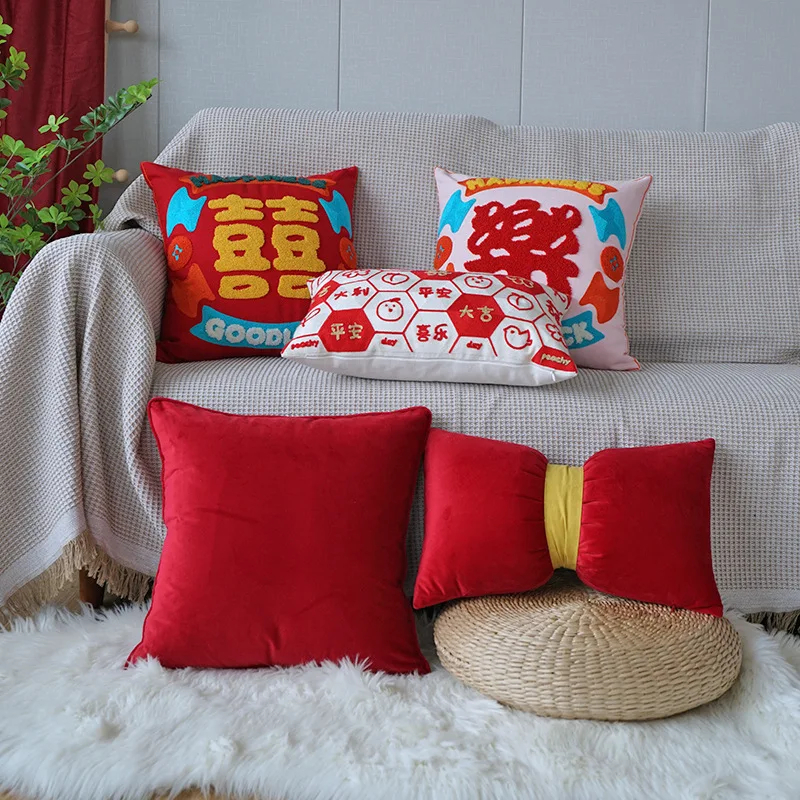 

Chinese Style Wedding Festive Cushion Cover Red Chinese Character Embroidery Pillow Case Marriage Room Pillow Covers Decorative