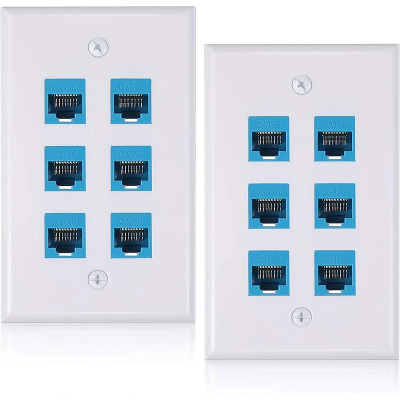 

2Pack 6 Port Ethernet Wall Plate, RJ45 Cat6 Female To Female Jack Inline Coupler Plates Ethernet Cable Face Plates(Blue)