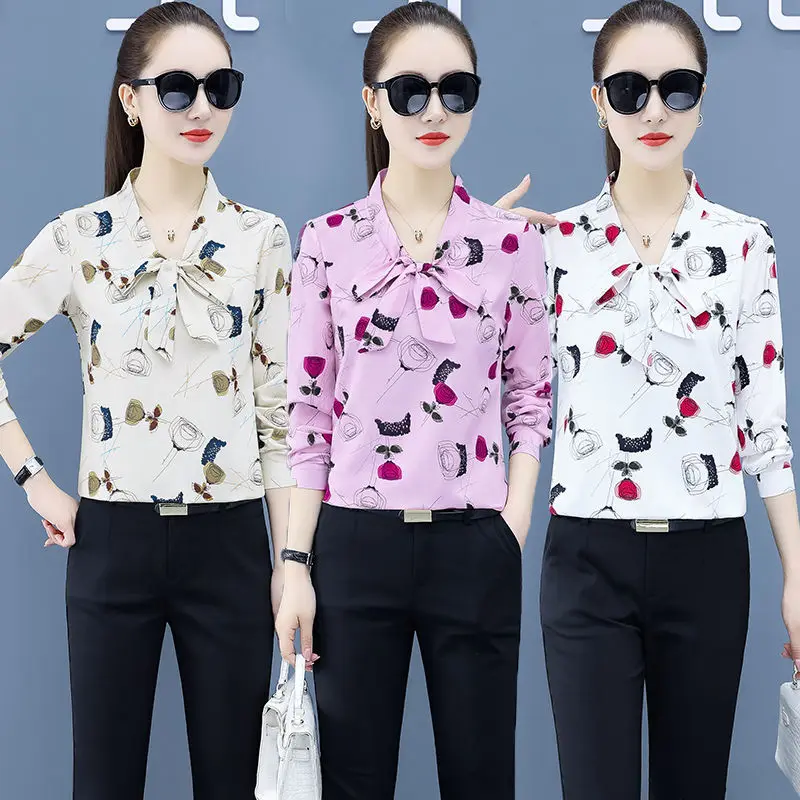 

Spring Chiffon Women Shirts Flower Office Lady Button Up Shirt Long Sleeve Ladies Tops White Women Blouse Camisas Mujer