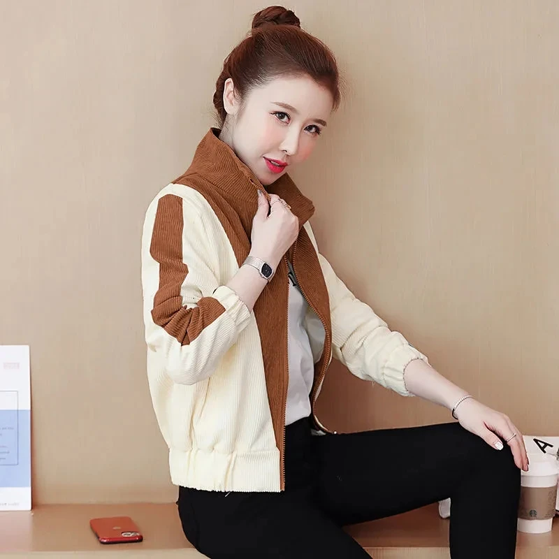 

(with lining)2023 Spring and Autumn New Women's New Corduroy Foreign Style Short Coat Female Tide ins Patchwork Color Jacket XZ1