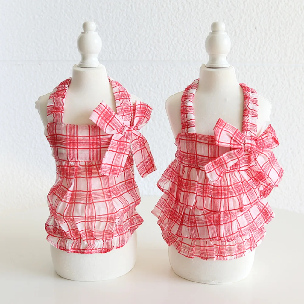 Small Dog Princess Dress Spring Summer Fashion Plaid Skirt Cat Sweet Bowknot Shirt Puppy Clothes Poodle Chihuahua Pomeranian