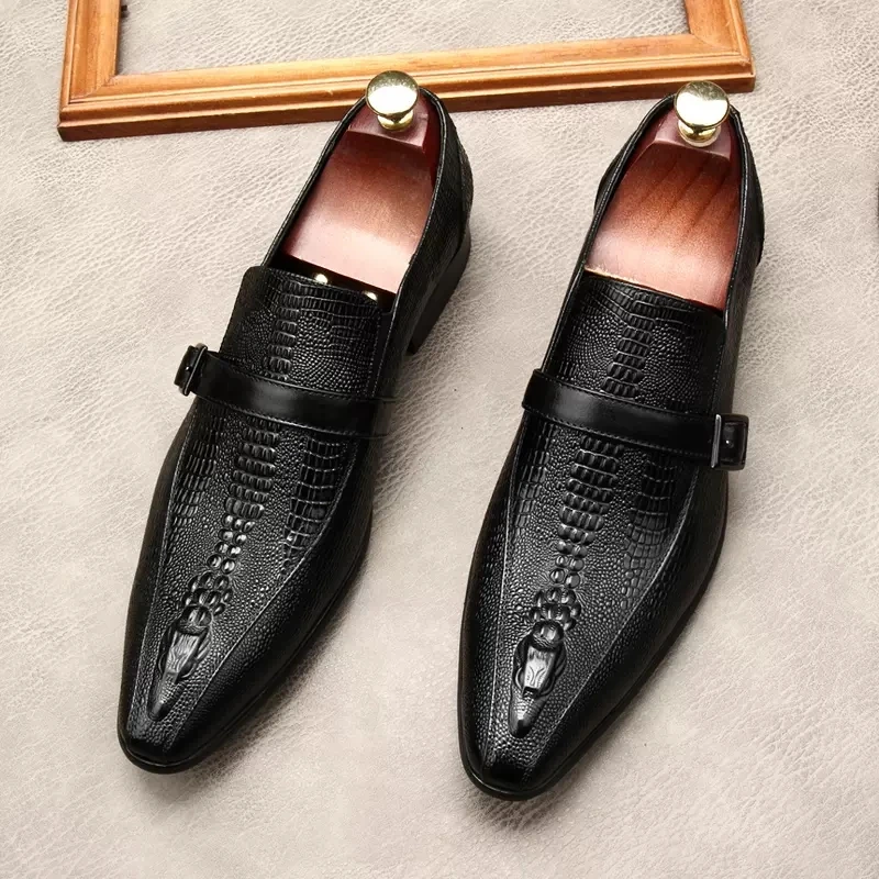 

Туфли мужские классические из натуральной кожи с крокодиловым узором, заостренный носок, без застежки, лоферы, брендовые свадебные туфли-ок...