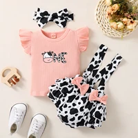 newborn baby clothes girls 3 to 24 months 2022 summer fly sleeve ribbed topbowknot suspenders shortsheadband 3pcs outfits sets