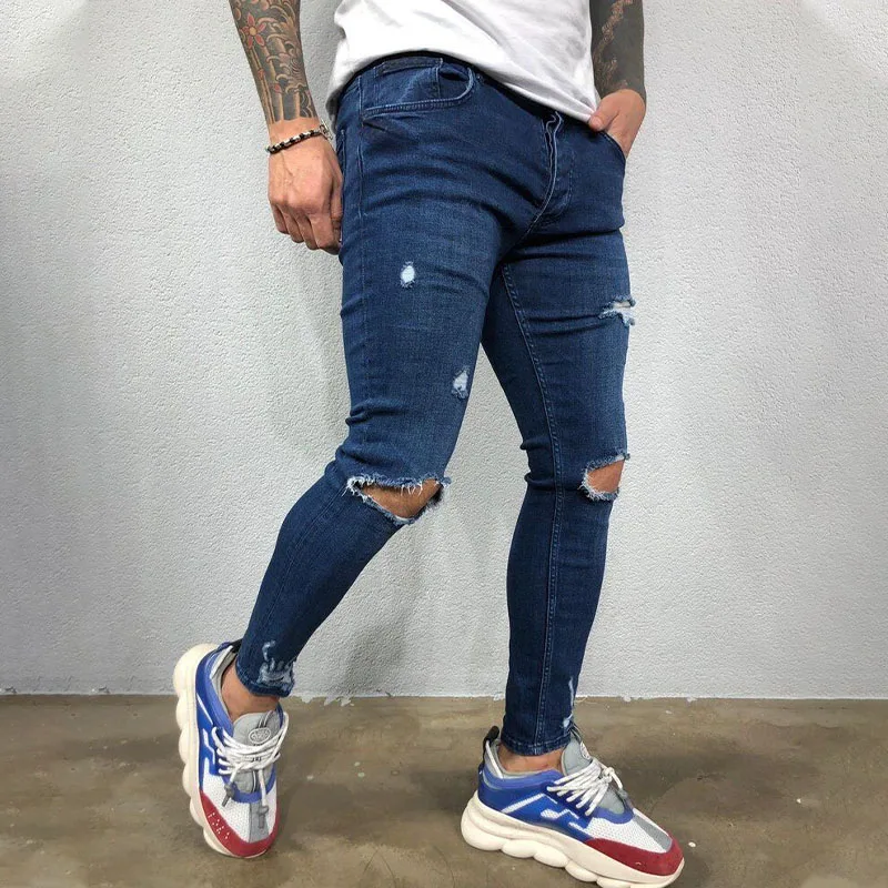 Ripped Jeans for Men Stretch Skinny Casual Pants Fashion Streetwear Jean Homme Pantalones Hombre Slim Fit Jeans Men Black Blue
