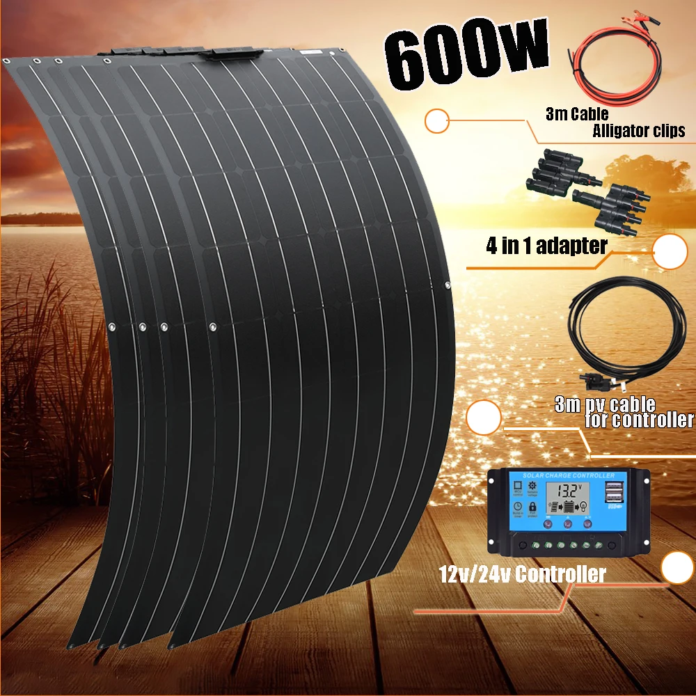 

Гибкая солнечная панель, 600 Вт, 300 Вт, 12 В, комплект зарядного устройства для солнечных батарей, фотоэлектрическая система для автомобилей, ло...
