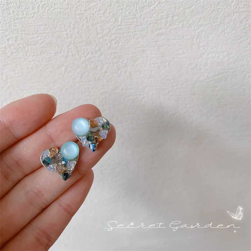 

2022 Luxury Blue Crystal Stud Heart Earrings Brincos Party Wedding Jewelry