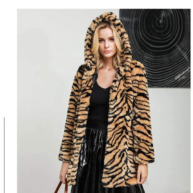 

Winter new super thick hooded tiger coat fur mid-length women's faux fur coat