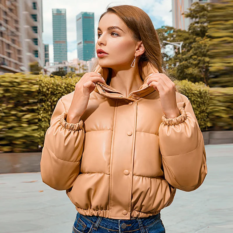2022 Warm Thick PU Leather Coats Women Winter Short Parka Fashion Black Cotton Lady Down Jacket Casacos Feminino Camperas Mujer
