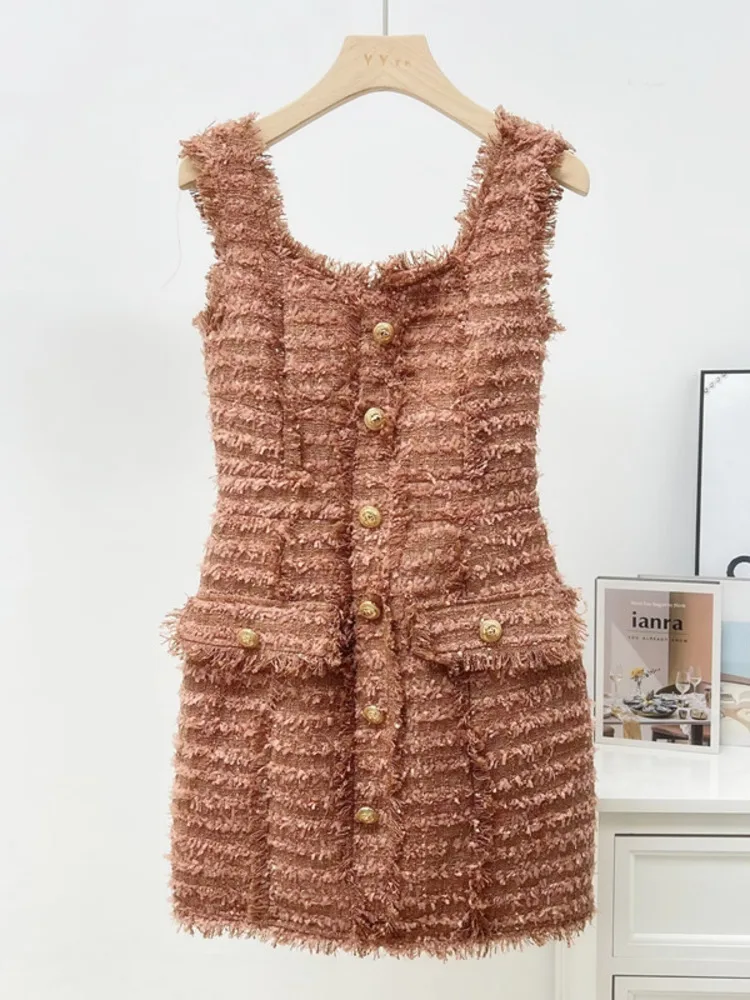 

Sexy Small Fragrant Tweed Dress For Women Summer High-quality Gold Button V Neck Tassel Mini Dresses Korean Fashion Clothing