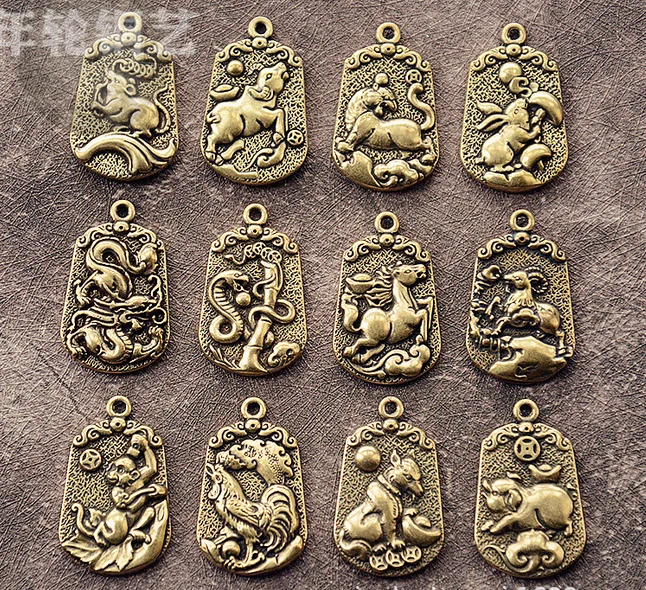 

wholesale 12 piece set Brass 12 Chinese Zodiac year cow to heaven COPPER pendant rat cow tiger rabbit dragon chicken dog pig