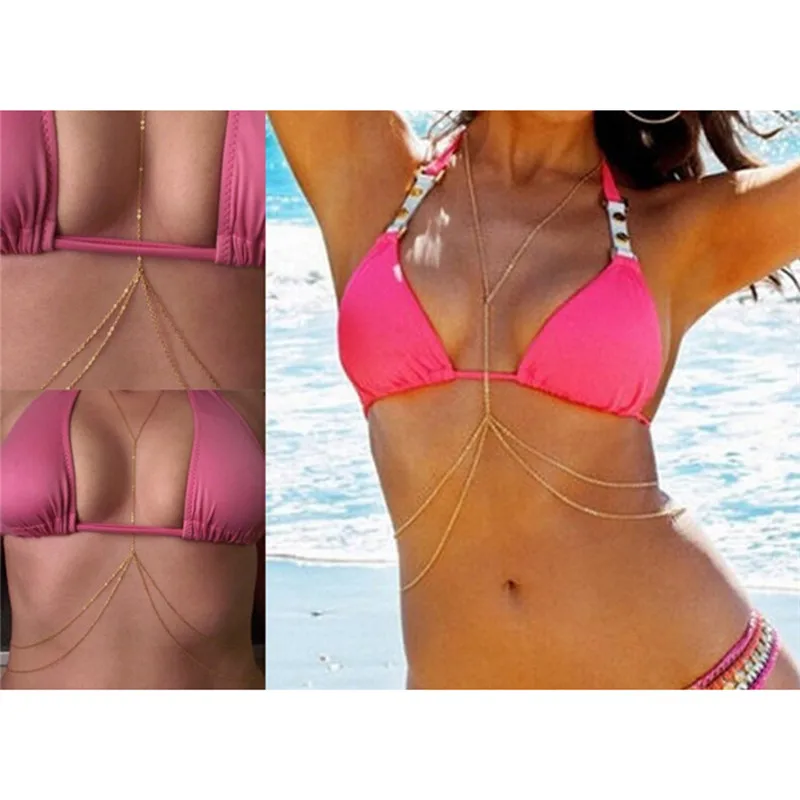 

1Pcs Hot Sale Bikini Beach Harness Necklace Gold Women Sexy Fashion Body Belly Waist Chain