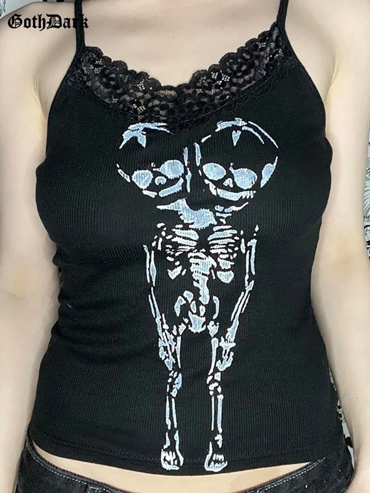 

Goth Dark Emo Skull Graphic Mall Gothic Aesthetic Camis E-girl Grunge Lace Hem Ribbed Crop Tops Women Bodycon Summer Alt Clothes