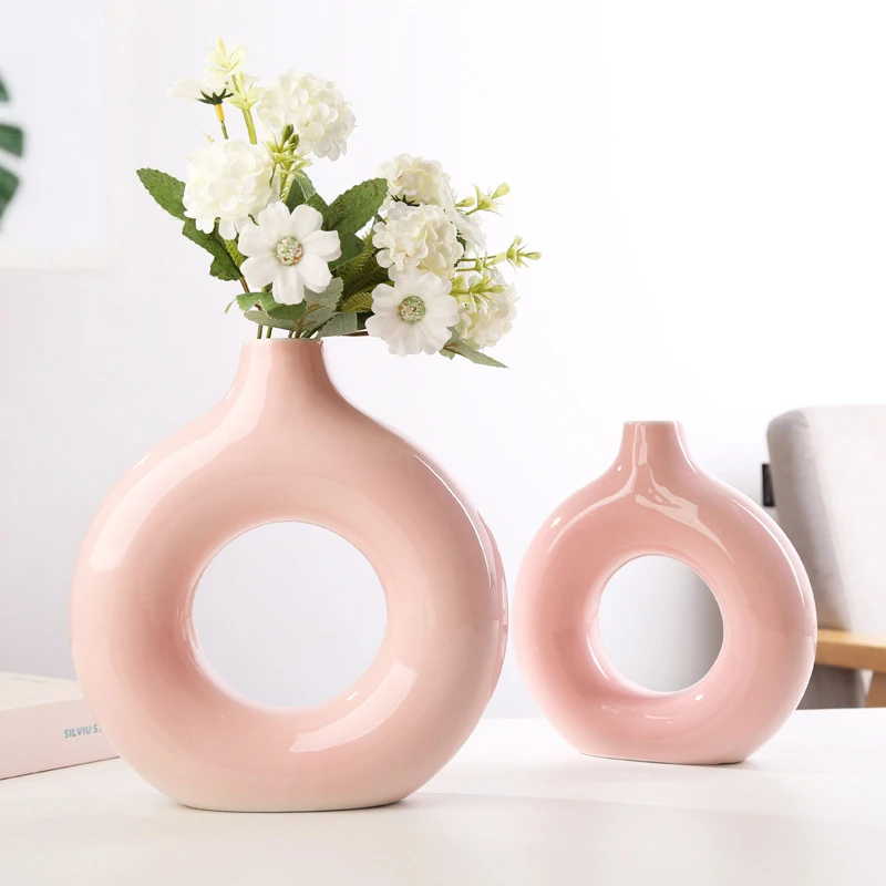 

Nordic Circular Hollow Ceramic Vase Donuts Flower Pot Home Decoration Accessories Office Desktop Living Room Interior Decor Gift
