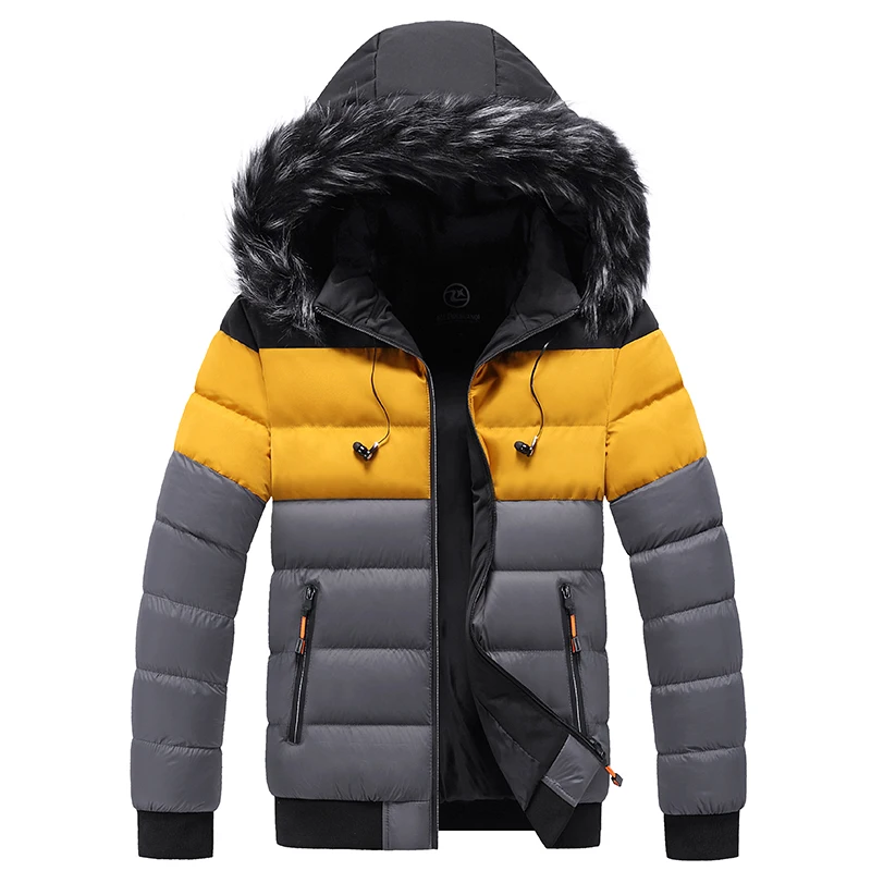 New Parka Jackets Fur Collar Men Autumn Winter Mens Warm Thick Outwear Coats Solid Splice Casual Hooded Windbreak Jacket Fitness