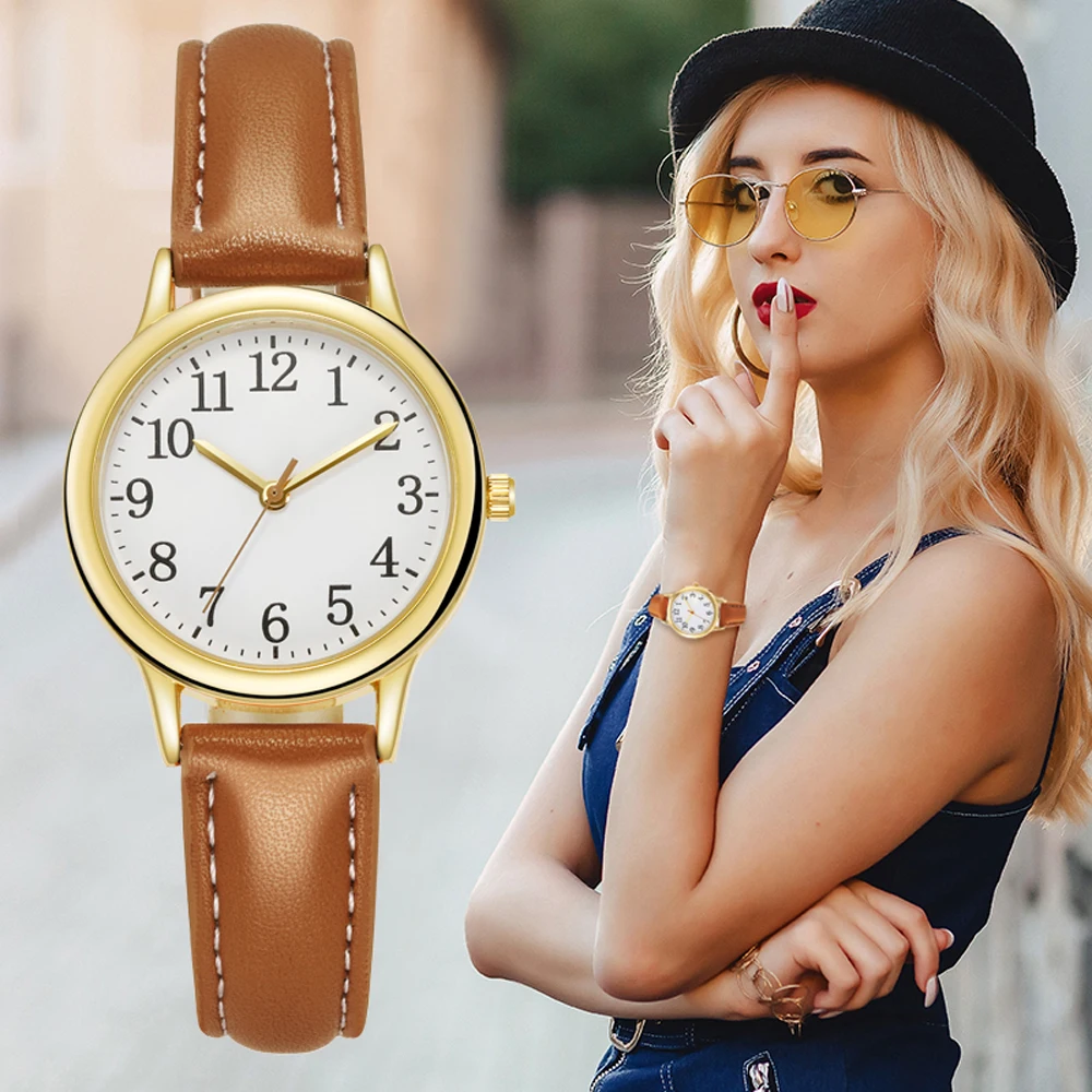 

Watch for Women Japan Movement Women Quartz Watch Easy to Read Arabic Numerals Simple Dial PU Leather Strap Lady Candy Color
