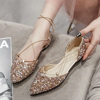 women luxury rhinestone ballet flats cross tied lace up flat shoes woman crystal dorsay wedding shoes glitter mules size 43
