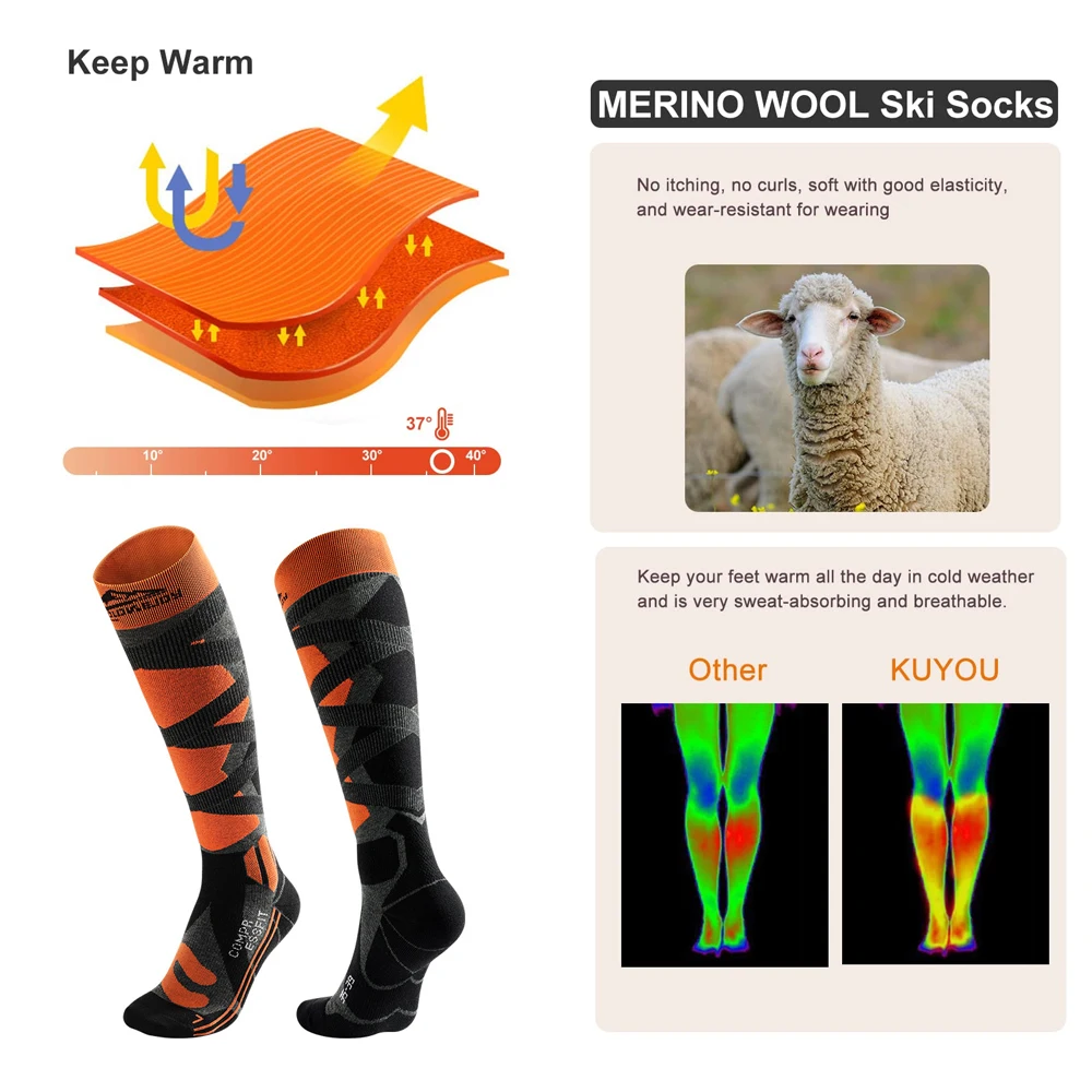 1 пара лыжных носков для женщин и мужчин компрессионные до колена зимние теплые
