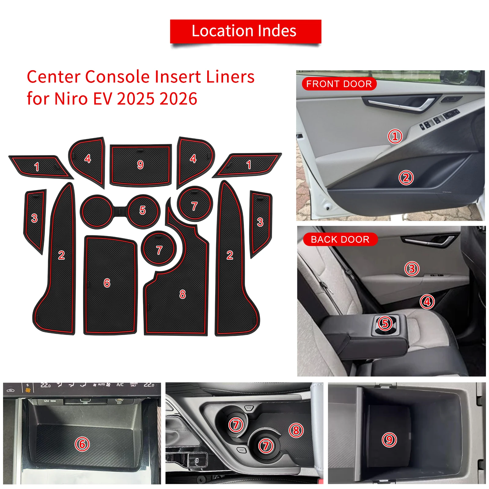 Фото Для Kia Niro EV 2023-2026: Противоскользящие коврики для дверных ниш, вкладыши из ПВХ для центральной консоли, резиновые накладки для дверных проемов, аксессуары. №3