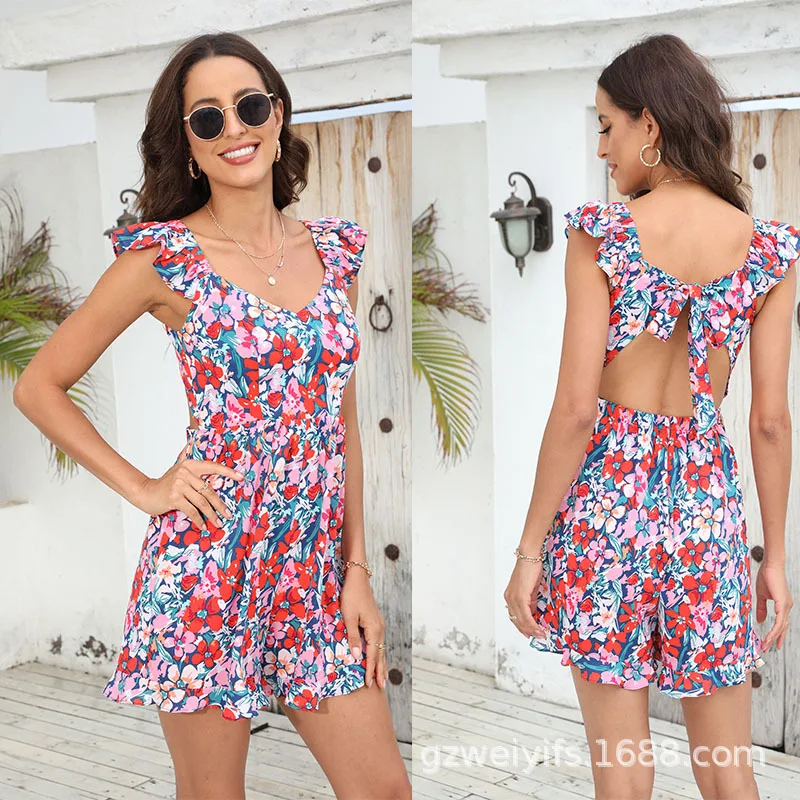 

Women's Playsuits Summer Sexy Printed Loose Backless Bandage Playsuits Women's Fashion Spaghetti Strap Flounced V-neck Playsuits